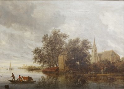 Riverbank with a Church by Salomon van Ruisdael or Ruysdael